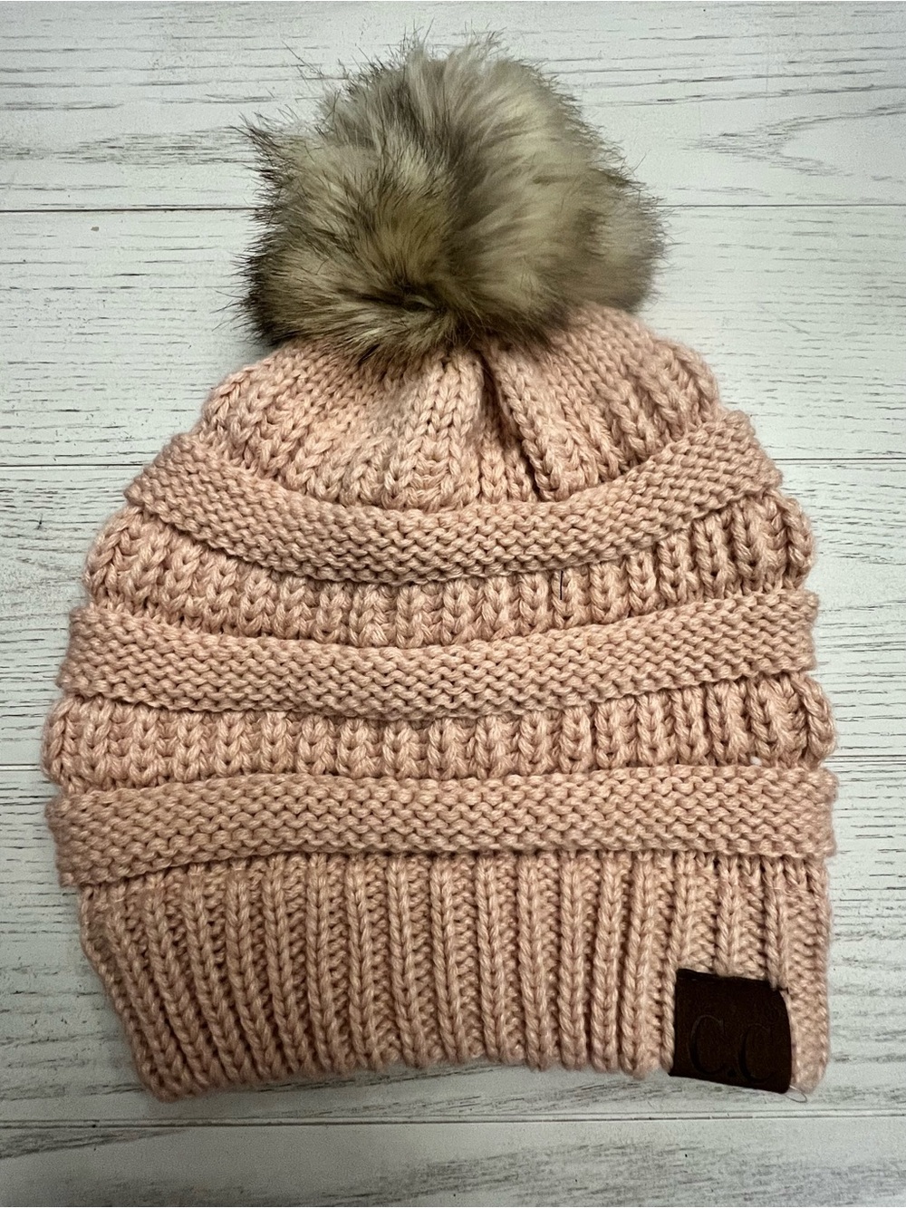 C.C Beanie Pink with Faux Fur Pom